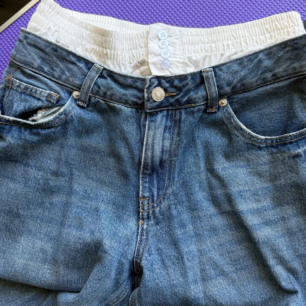 Forever 21 Blue Denim Boyfriend Jeans with Faux Boxer Short White Waistband